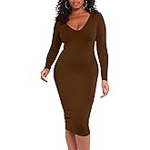 BORIFLORS Women's Sexy Bodycon Long Sleeve Deep V Neck Club Party Midi Pencil Dresses