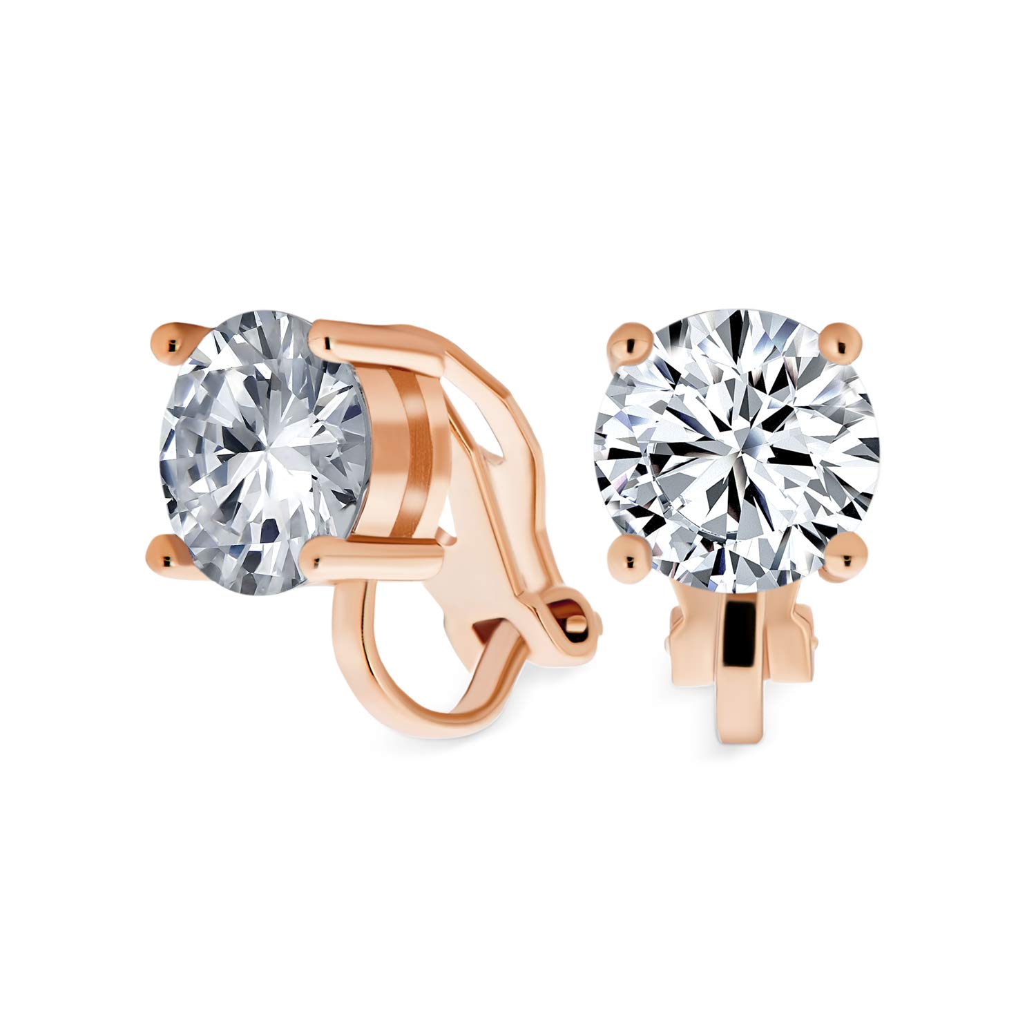 Brilliant Cut Solitaire Round Cubic Zirconia CZ Clip On Stud Earrings For Women Rose Gold Plated Brass