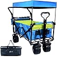 Collapsible Wagon Heavy Duty Folding Wagon Cart with Removable Canopy, 4" Wide Large All Terrain Wheels, Brake, Adjustable Handles,Cooler Bag Utility Carts for Outdoor Garden Wagons Carts Beach Cart