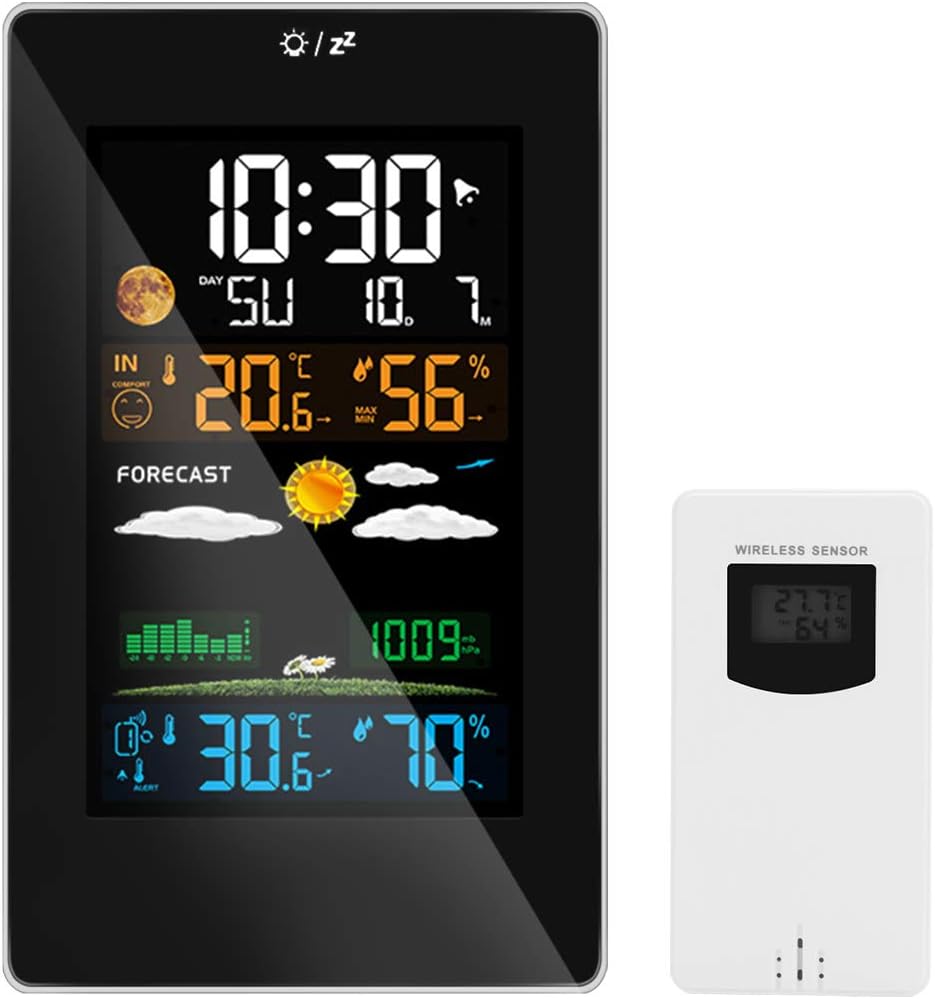 Allnice Wireless Weather Station with Outdoor Sensor Digital Alarm Clock Indoor Outdoor LCD Thermometer Forecast Station Hygrometer/Temperature/Humidity/Barometric/Moon Phase for Home Office