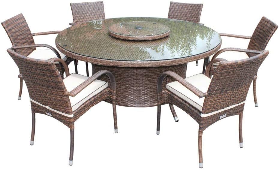 Rattan Outdoor Furniture Indoor Conservatory Roma 6 Seater Dining Set Large Round Table including Lazy Susan in Brown