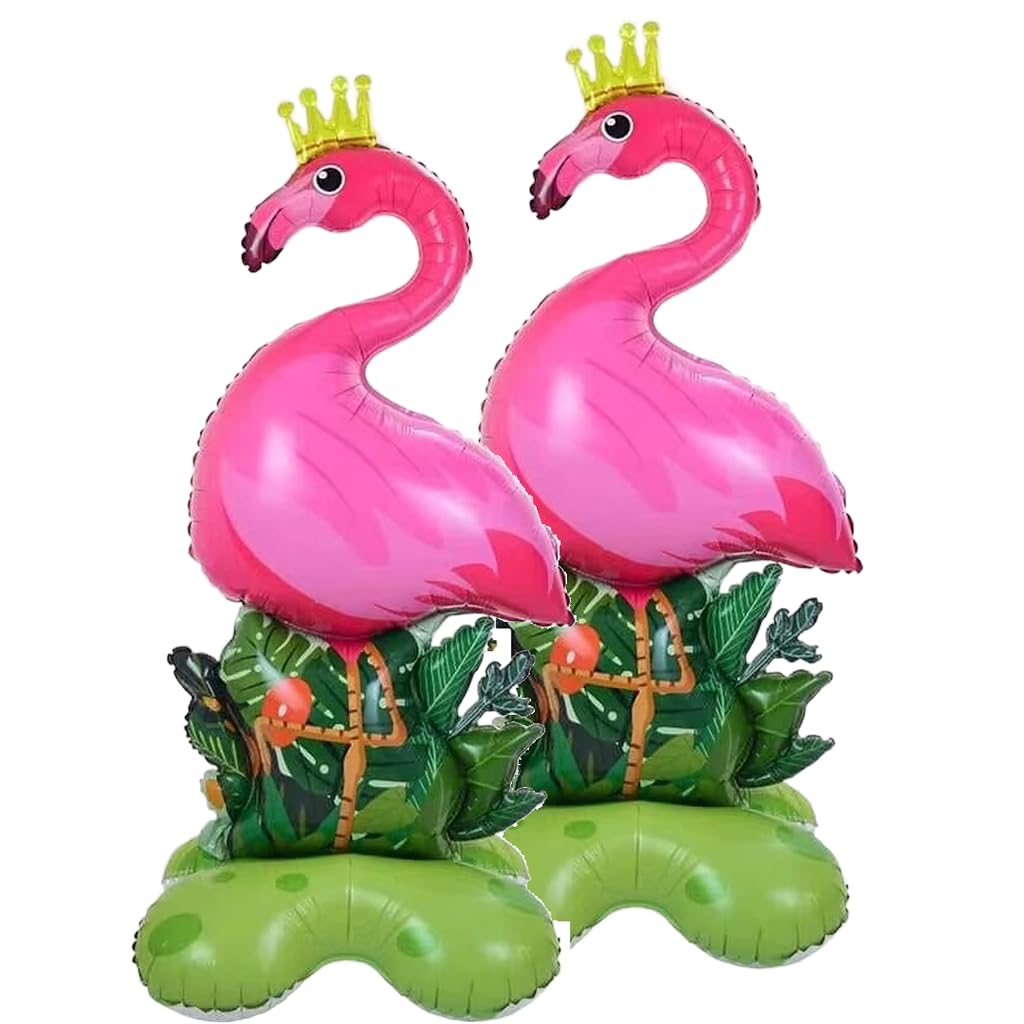 Photo 1 of 2 Pcs 46.5in Crown - Adorned Summer Flamingo Foil Balloons with Bases - Ideal for Summer & Kids' Birthday Parties, Luau, Tropical, Beach & Pool Party Decor
