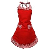 Hyzrz Cute Fashion Cotton Red Aprons for Women Girls Vintage Cooking Retro Apron with Pockets for Mother's day Gift