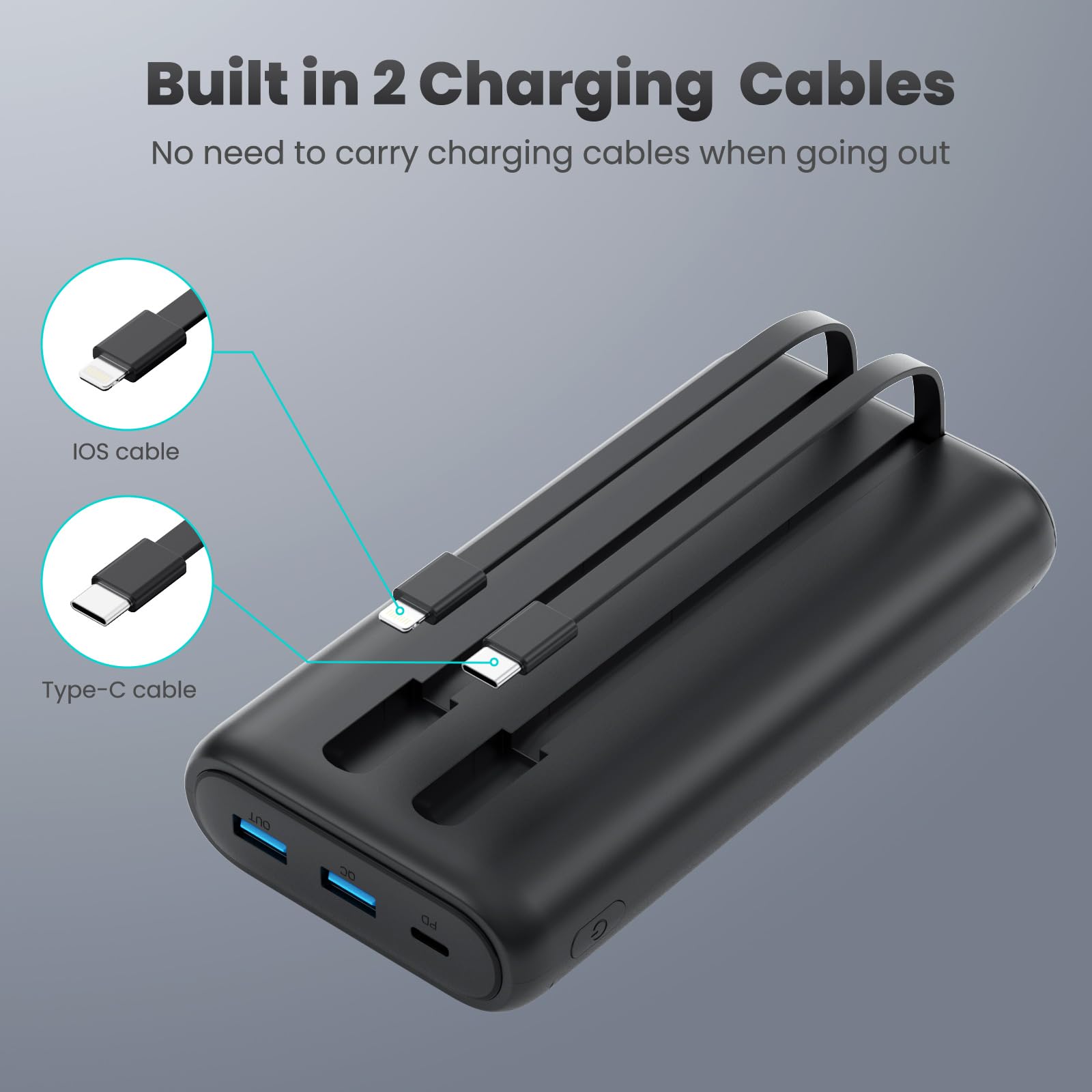 Ekrist Upgraded Portable Charger 40800mAh Power Bank - Portable Battery with 2 Built in Cables,PD 25W USB C Fast Charging Battery Pack Compatible with iPhone 16 15 14 13 Android Phone etc-Black