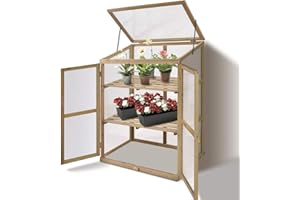 Happygrill Cold Frame Greenhouse, Portable Wood Greenhouse with Transparent Openable Roof, Double Doors & 3 Tier Shelves, Small Greenhouse for Outdoors, Balcony, Garden, Backyard, 30" L x 22.5" W x 43