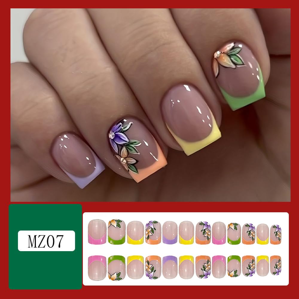 French Tip Press-on Nails: Short Square Fake Nails with Cute Flower Designs, Acrylic, Gloss Finish - Spring Colors Set for Women's Manicure - Image 3