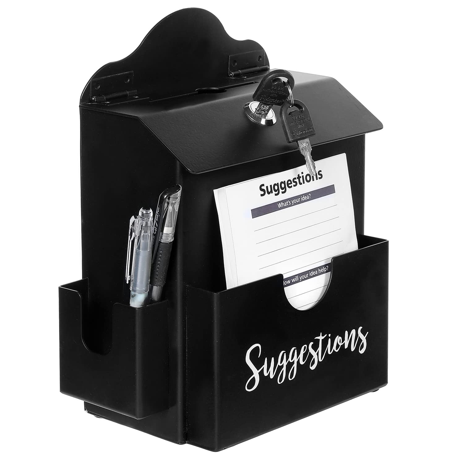 Photo 1 of MyGift Classic Matte Black Metal Suggestion Box with Cursive Suggestions Lettering, Wall Mounted or Tabletop Comment Box with Lock, Keys, Paper Sheet and Pen Holder Slots