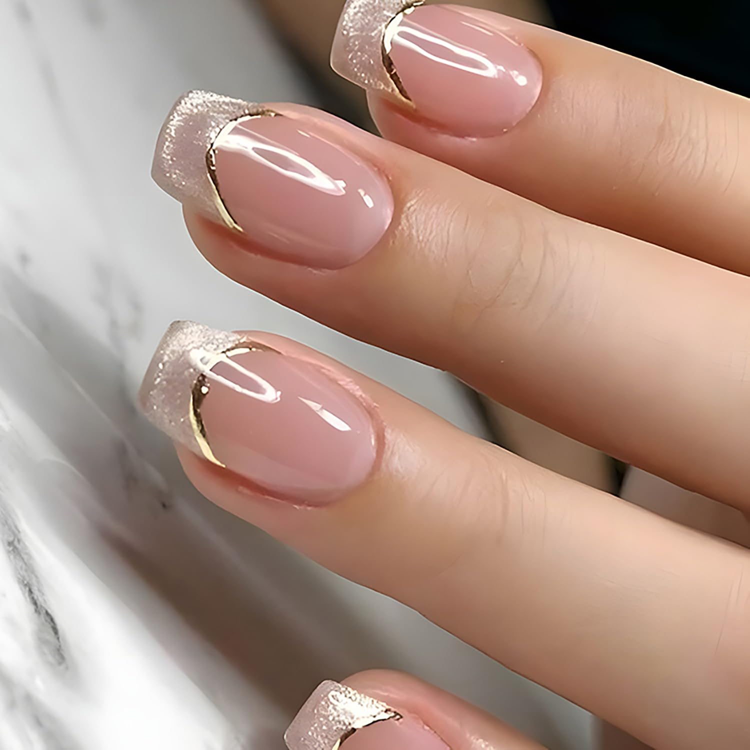 Photo 1 of TBRZTR French Tip Press on Nails Short Square Glitter Powder French False Nail Full Cover Glossy Pink Gradient Stick on Nail 24Pcs DIY Reusable Press Ons Glue on Nails for Women Manicure