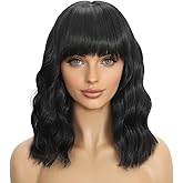 Mxayhnajxl Black Wigs with Bangs for Women 14 Inch Short Wavy Bob Wigs With Bangs Synthetic Bob Wig Curly Wig Heat Resistant Colorful Wavy Wig Cosplay Wigs For Daily Party Halloween