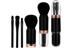 Sibba 4 in 1 Retractable Makeup Brush Set Portable Travel Mini Facial Cosmetic Brush, Highlight Brush, Eyeshadow Brush, Foundation Blending Powder Brush (Black)