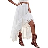 SHENHE Women's Boho Maxi Skirt High Low Asymmetrical Lace Ruffle Hem Flowy Western Skirt