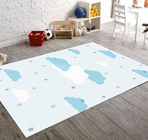 HawkerPeddler Nursery Cloud Star Decor Bedroom Playroom Blue and White 5ft x 4ft Thin Rug