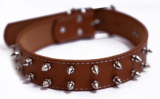 Ocean Wave Leather with Stainless Steel Double Row Spike Pu Dog Collar, Brown (1.25-inch)