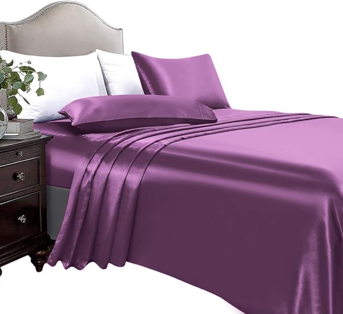 100 Soft Satin 5 Pcs Satin Split Queen Purple Sheet Set