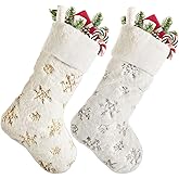 SherryDC White Plush Christmas Stockings 2 Pack, 18" Silver & Gold Snowflake Sequin Embroidered Fireplace Hanging Stockings Set for Christmas Decoration