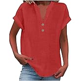LRMQS Summer Tops for Women 2026 Trendy Casual Short Sleeve Cotton Linen Shirts Button V Neck Tunic Blouse Spring Clothes