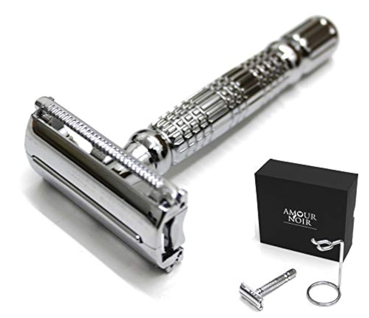 Amour Noir 1950's Classic Vintage Double Edge Butterfly Safety Razor comes with Chrome Resting Stand Twist Handle Mechanism in Luxury Gift Box