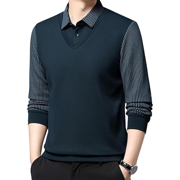 Men's Striped Lapel Fake Two-Piece Shirt Long Sleeve,Fake 2-Piece