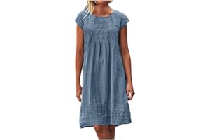 MXALUOB Women's Cotton Linen Midi Dress Plus Size Cap Sleeve Pleated Summer Dresses Vacation 2025 Crew Neck Casual Dress
