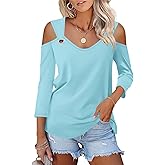 Minetom Women's V Neck 3/4 Sleeve Shirts Cold Shoulder Tops Basic Summer Tees