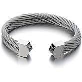 COOLSTEELANDBEYOND Mens Womens Stainless Steel Two Rows Twisted Cable Adjustable Cuff Bangle Bracelet