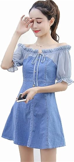 Amazon ンーセンー 着痩せ 肩出し ワンピース シフォン 切り替え デニムワンピース レディース ハイウェスト プルオーバー アレアスーカート チュニック 無地 Aライン ワンピース チュニック 通販