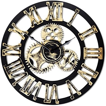 Top Race 16 Inch Round Wall Clock, Antique Handmade Wooden Vintage 3D Gear Design, By Chevy K. (Gold with Roman Numerals), Blackgold