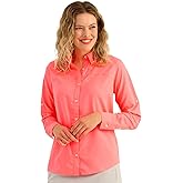 Huk Women's Standard Tide Point Long Sleeve, Button Down Fishing Shirt, Neon Coral, Small