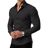 PLEPAN Men's Slim Fit Stretch Dress Shirt Stain Proof Wrinkle-Free Muscle Fit Long Sleeve Button Down Formal Shirt