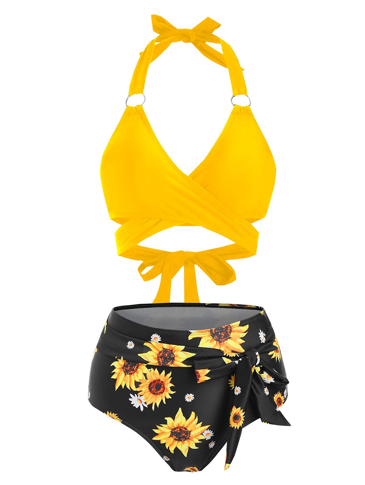 Photo 1 of DRESSFO Women's Vacation Bikini Set – Sunflower Knot Ring Wrap Halter High Waist Tummy Control Swimwear (Yellow/1X)