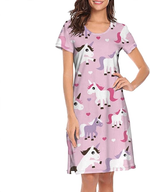 Womens Short Sleeve Nightgown Pink Unicorn Horse Lovely Sleep Dress Sleepwear Long Sleepshirt