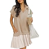 Skoinvb Women's V Neck Striped Polo Dress Short Cap Sleeve Casual Loose Fit Pleated Sweatshirt Shirt Dress with Pockets Khaki XL
