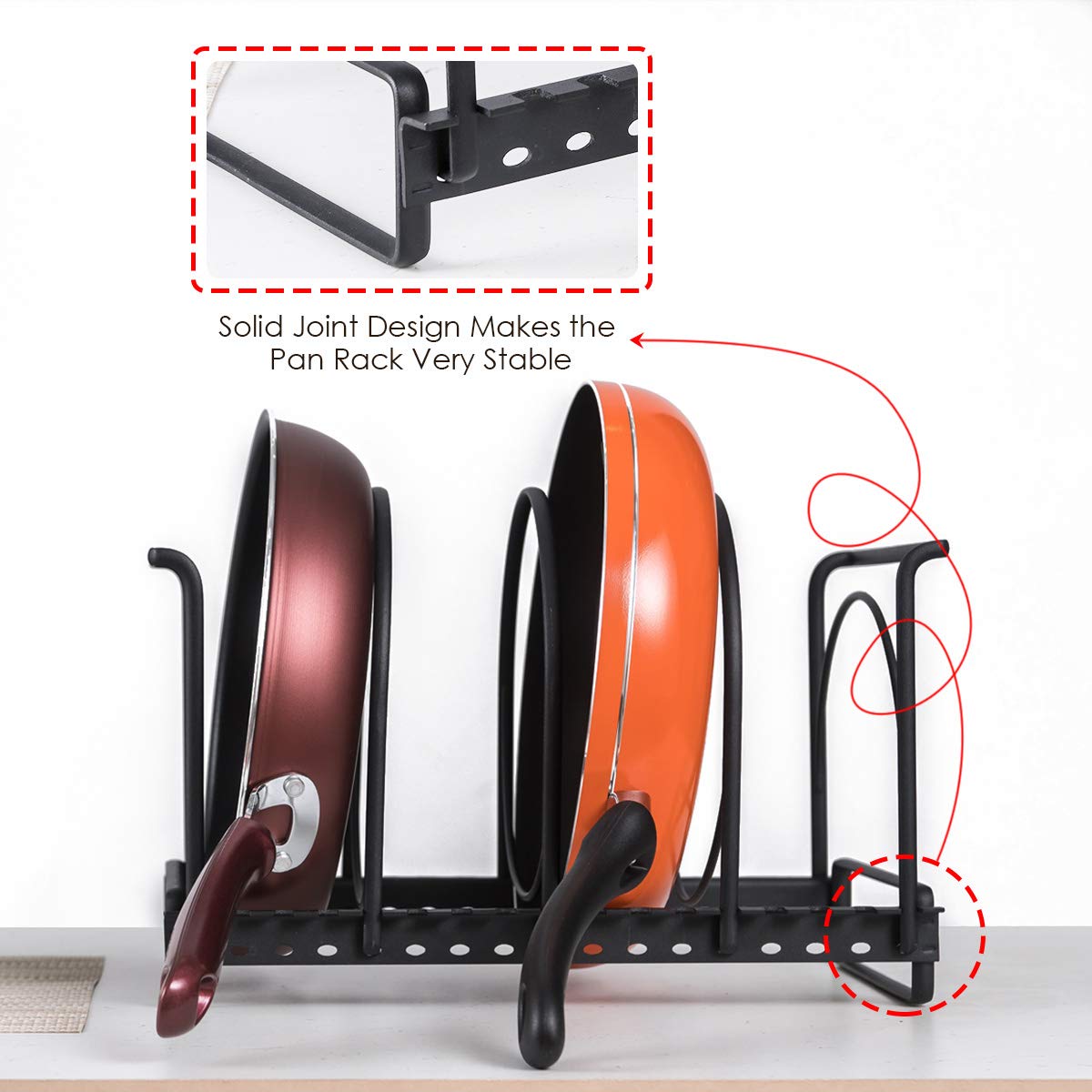 Pot and Pan Organizer Rack, Heavy Duty Pan Organizer Rack, 4-Tier Cookware Holder Pot Lid Organizer for Kitchen Cabinet Pantry and Shelves, Total 4 Adjustable Compartments, Black