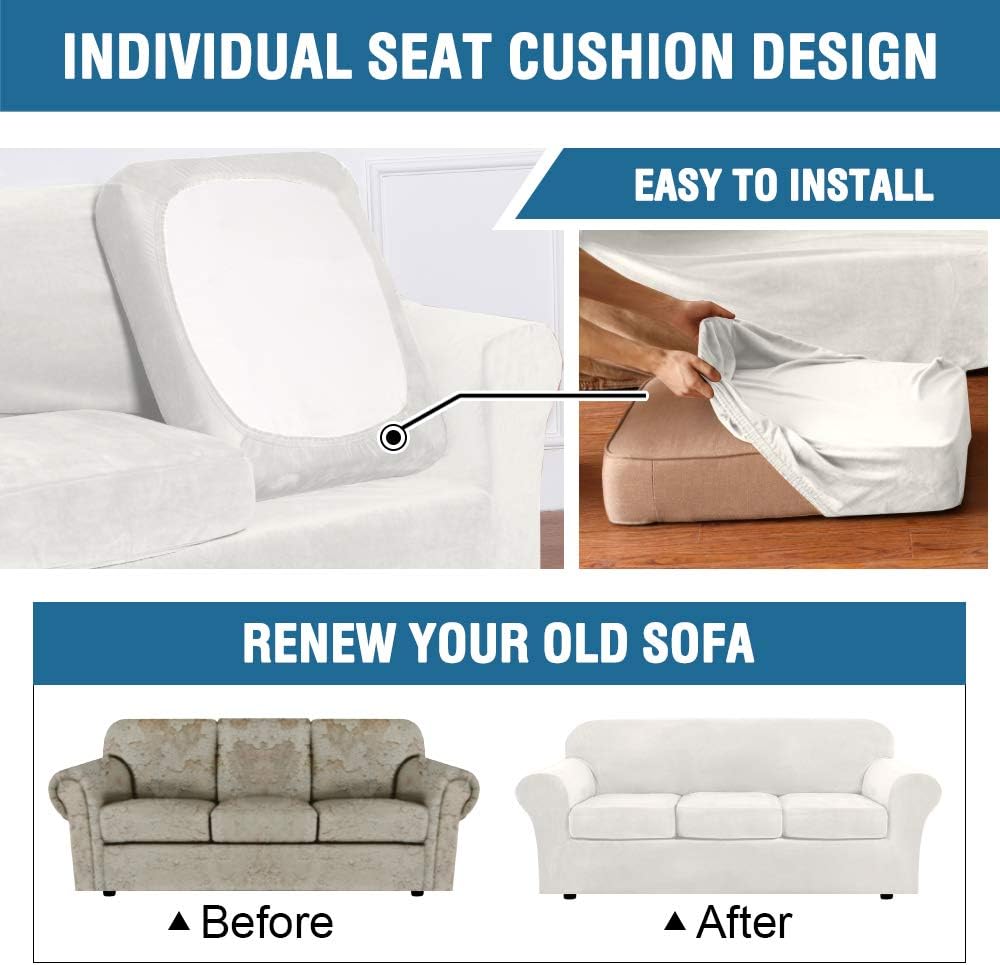 H.VERSAILTEX Modern Velvet Plush 4 Piece High Stretch Sofa Slipcover Strap Sofa Cover Furniture Protector Form Fit Luxury Thick Velvet Sofa Cover for 3 Cushion Couch, Machine Washable(Sofa,Ivory): Kitchen & Dining
