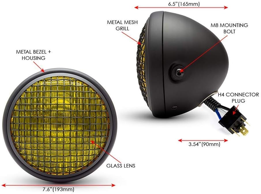 Alchemy Parts Motorbike Headlight - 7.7" Matt Black with Mesh Grill & Yellow Lens - H4 55W - Image 3