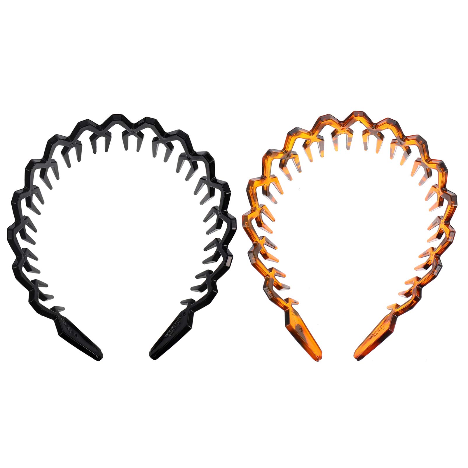 2pcs Black Plastic Sharks Tooth Hair Comb Headband Hair Hoop Wavy Toothed Hairband For Women Men (Black, Amber)