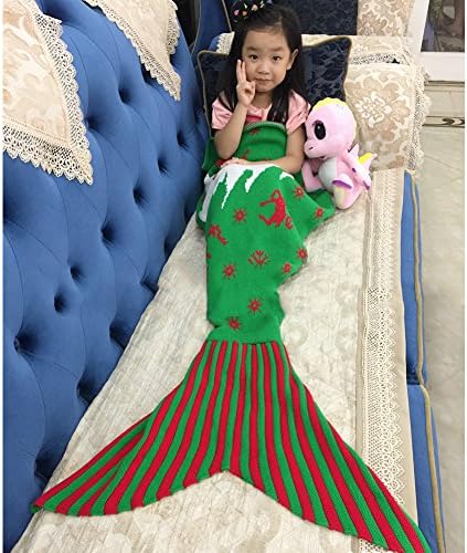 AILOVE Christmas Tree Snowflakes Mermaid Sofa Covered Blanket, With Elk Reindeer Handmade Knitting Crochet Mermaid Tail Living Room Soft Sofa All Season Sleeping Bag Blanket Christmas (green)