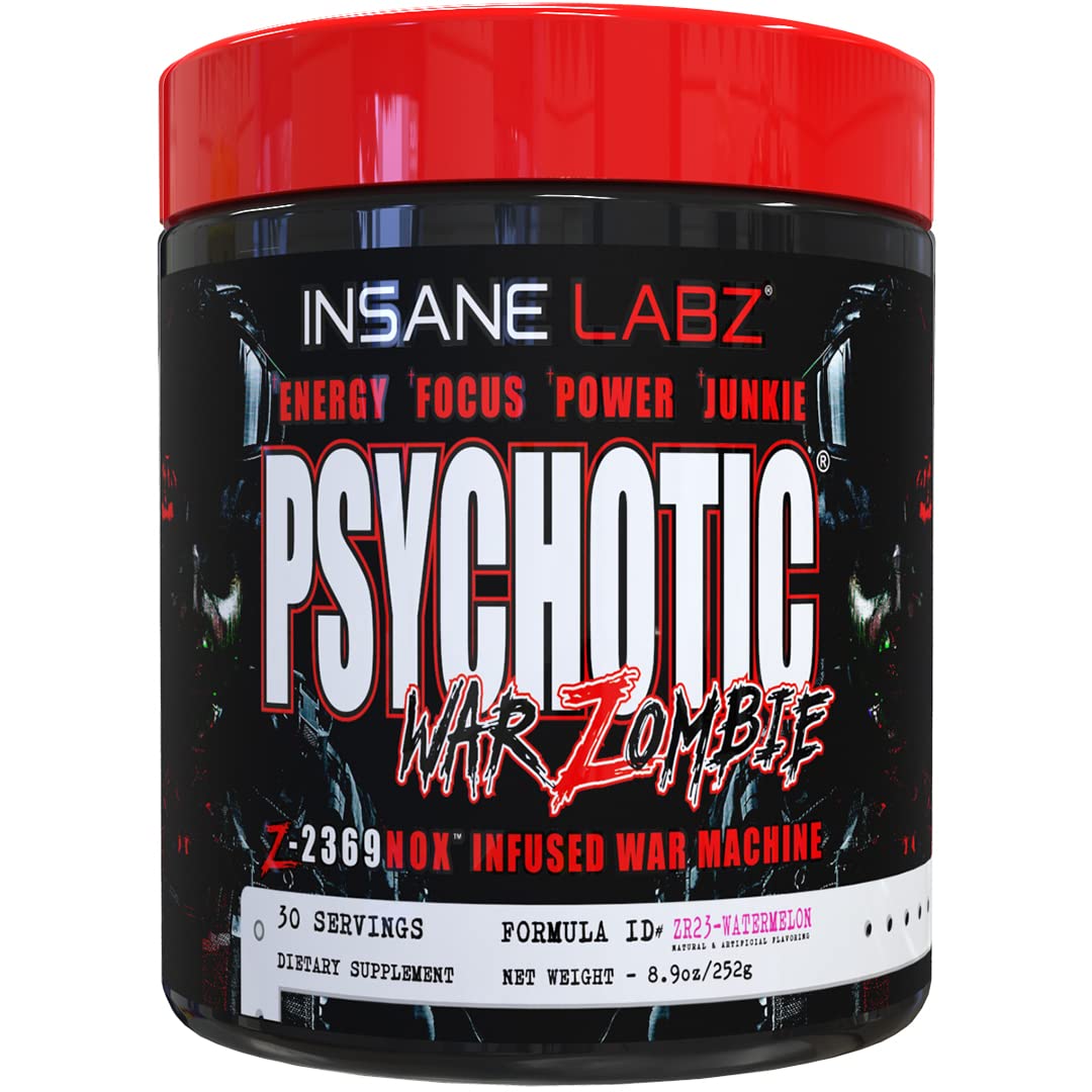 Psychotic War Zombie High Stimulant Pre Workout Powder, Extreme Lasting Energy, Focus and Pump with Beta Alanine, L-Arginine, 30 Servings (Watermelon)