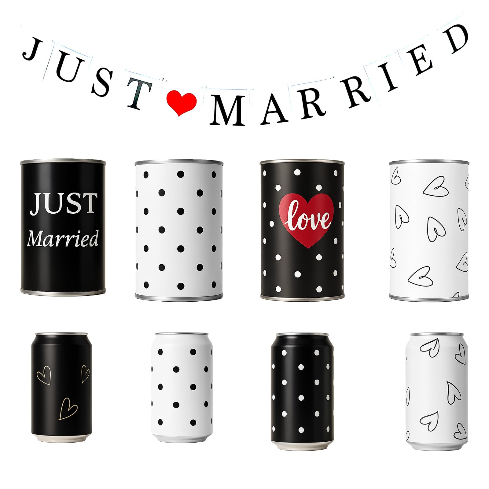 Photo 1 of 8PCS Handmade Tin Cans for Wedding Car with String, Just Married Banner Black and White Elegant Wedding Cars Decorations, Loud & Lovely for Your Day Rustic Boho Aluminum Tin Decor for Vintage Decor