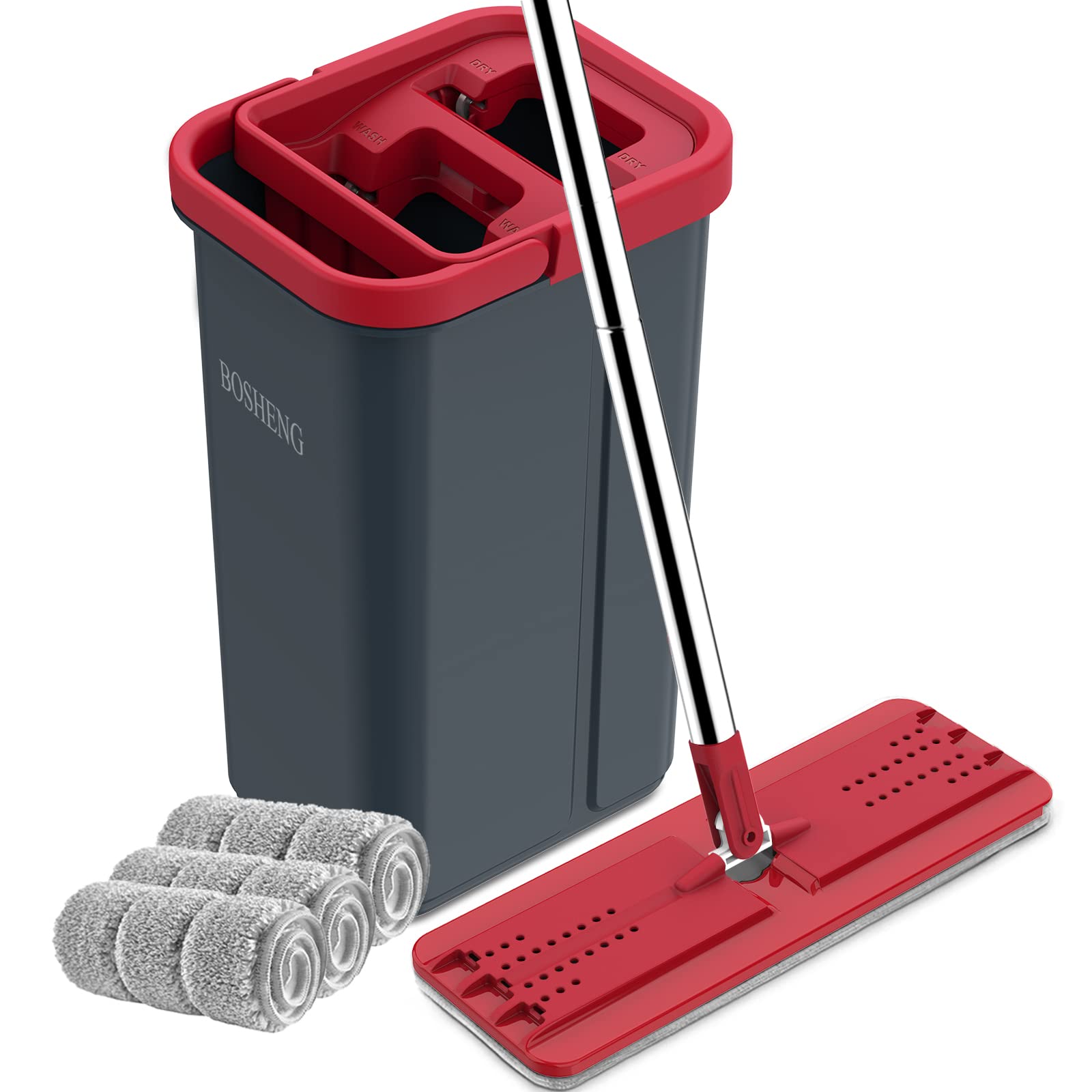 Photo 1 of BOSHENG Hands-Free Mop and Bucket Set with 3 Washable Pads, Wet/Dry Floor Cleaning System, Red/Black