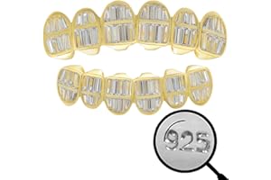 HarlemBling Solid 925 Sterling Silver Real Baguette Grillz - Iced Baguette CZ - Custom Top & Bottom Grills For Teeth - 14k Gold Plated