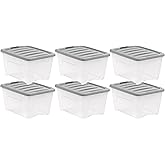 Amazon Basics Plastic Storage Containers with Secure Latching Lids, Stackable Organization Bins, Clear/Grey, 32 Quart, Set of 6