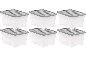 Amazon Basics Plastic Storage Containers with Secure Latching Lids, Stackable Organization Bins, 32 Quart, Set of 6, Clear/Grey