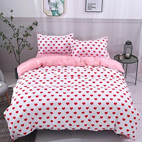 Anjos Pink Hearts White Simple Brief Polyester Microfiber Duvet Cover Set Bedsheet Pillowcases Bedding Set 4pc Full Size 78"x90"(200x230cm)