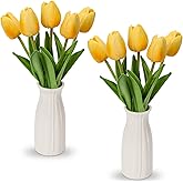 Briful 2 Packs Faux Flowers Artificial Tulips with Ceramic Vase, Poly Foam Yellow Tulips Real Touch Flower Arrangement for Home Kitchen Wedding Centerpiece Decoration