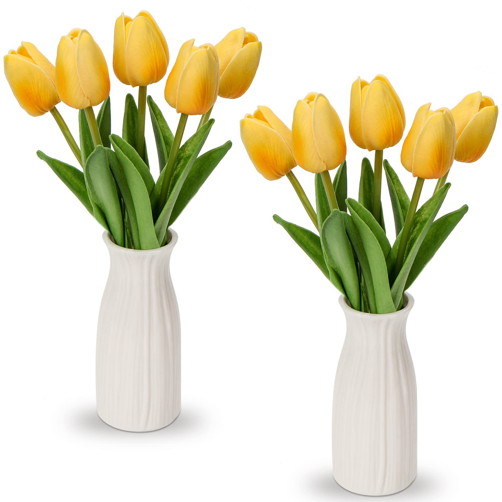 Briful 2 Packs Fake Flowers Artificial Tulips with Ceramic Vase, Yellow Poly Foam Tulips Real Touch Flowers Artificial in Vase for Home Decor, Centerpieces, Wedding Decoration