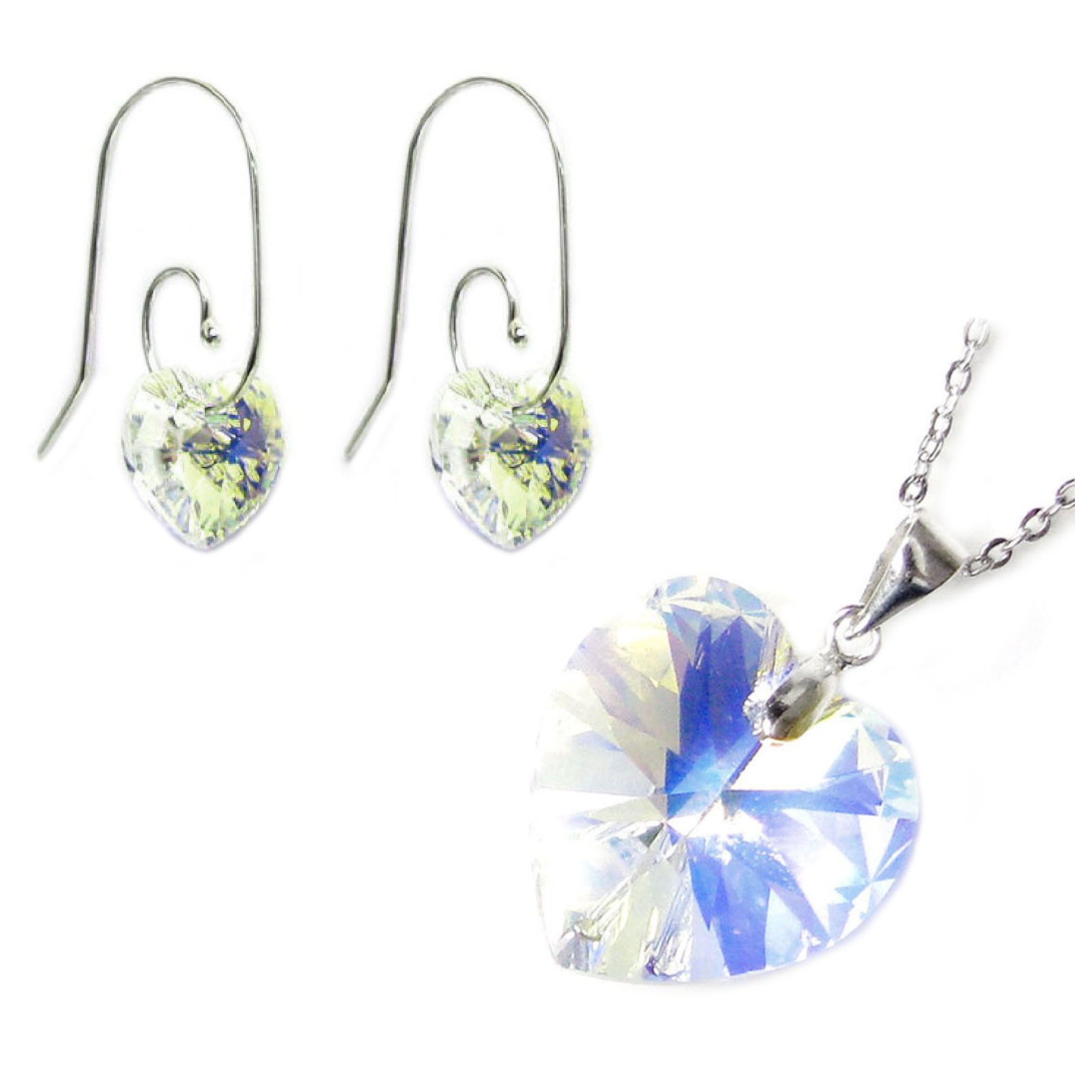 Queenberry Sterling Silver Clear AB Austrian Elements Crystal Heart Earrings Pendant Necklace Set, 16"+2" Extender