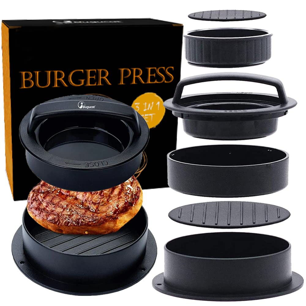 Bugudog 3 in 1 Burger Press,Hamburger Patty Maker Press Kit, Burger Press Non-Stick Stuffed, Hamburger Maker Mold Burgers Kitchen Barbecue Tool Grilling Accessories Give 100 Wax Patty Papers