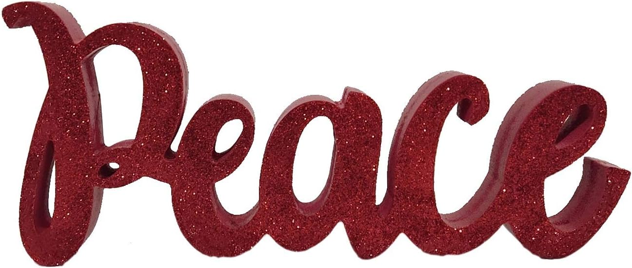 Windy Hill Collection 12" x 5.5" Peace Freestanding Glitter Cutout Natural Wood Block Home Décor (Red)