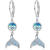 Sterling Silver Moonstone Mermaid Tail Leverback Hoop Earrings - Blue Tail, Dangle Drop Design - Women's Jewelry Gifts